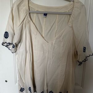 Old Navy Cream Tunic Top with Navy Embroidery